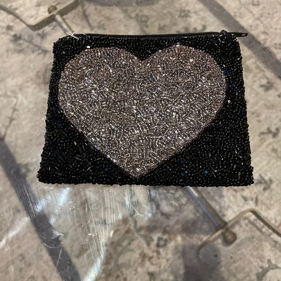 Moyna Black small pouch with silver heart. Top Zip . 5”w X 4 1/2w. - Picture 8 of 11